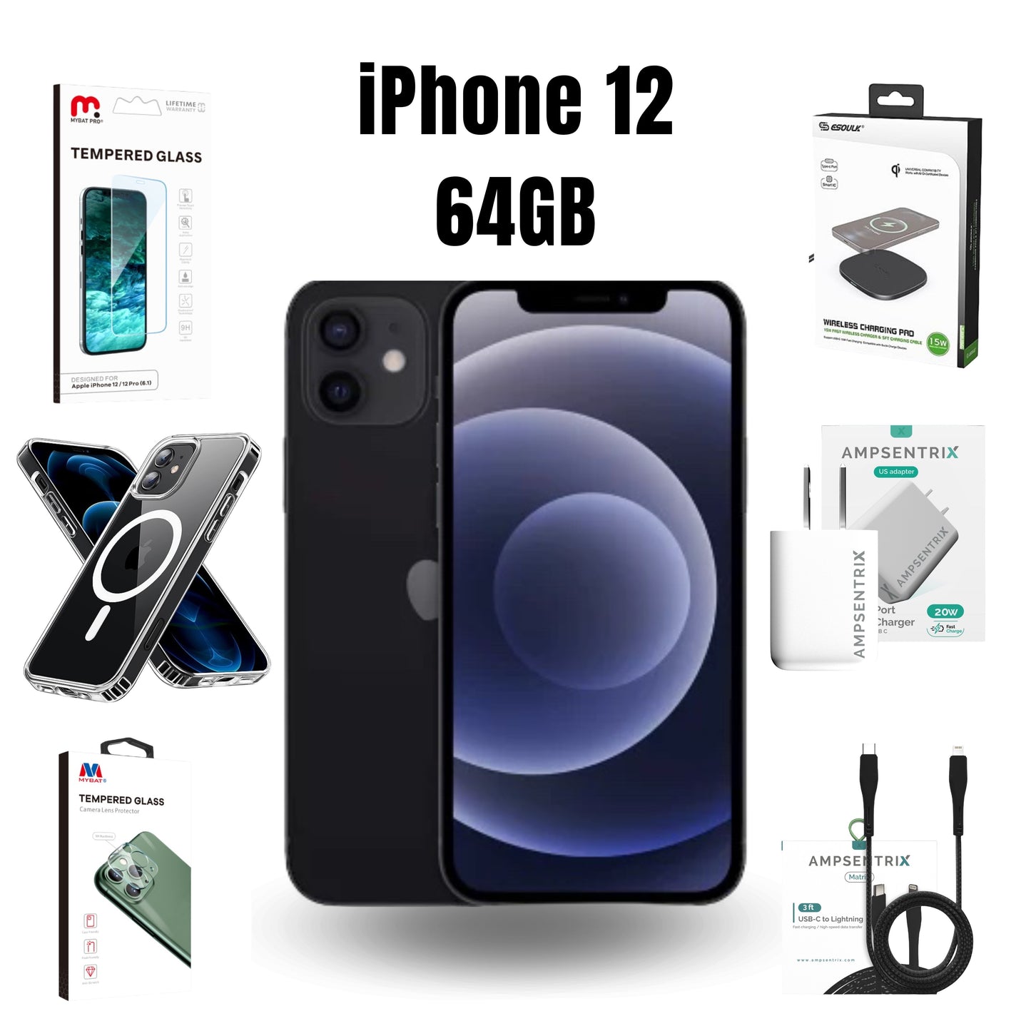 iPhone 12 Bundle Black 64GB Unlocked + Accessories Pre-Owned