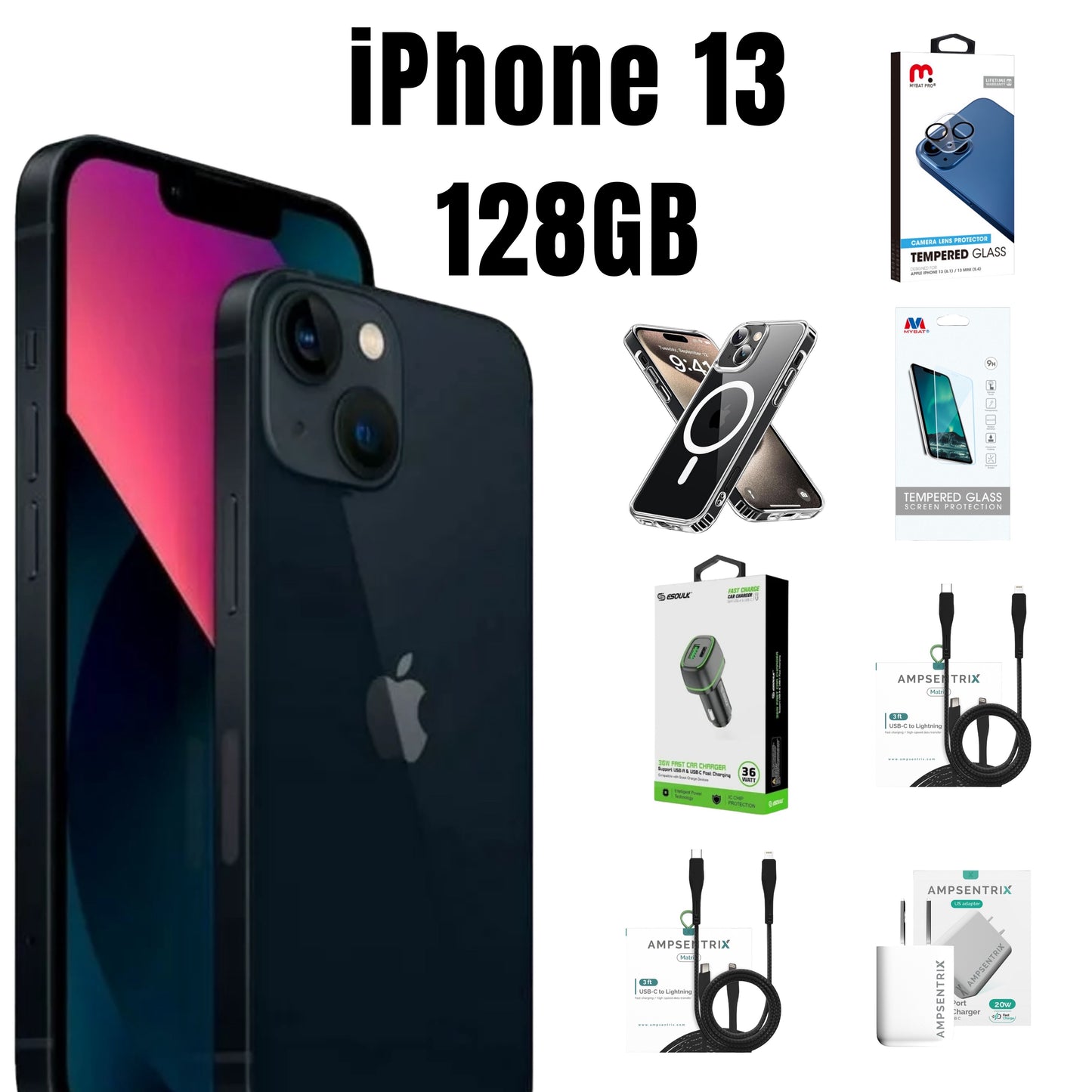 iPhone 13 Black 128GB Unlocked + Accessories Pre-Owned Bundle